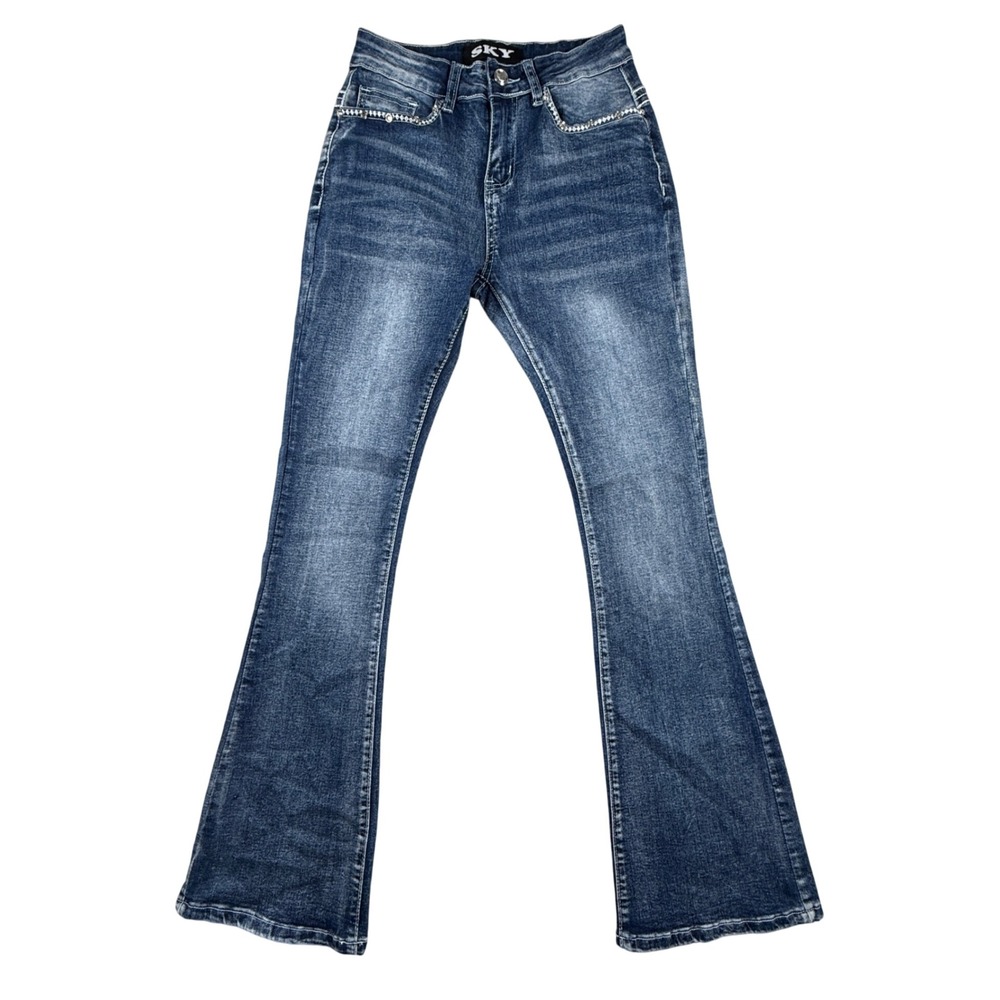 Sky Premium Collection Women Flare Jeans Blue Studded Rhinestone Winged Skull 27